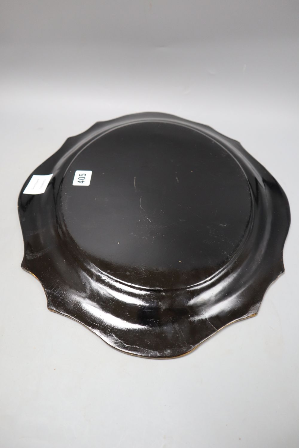 A Victorian shaped oval black lacquered papier mache tray, width 46cm